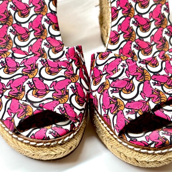 Tory Burch Pink Lillypad Frog Canvas Criss Cross Leather Espadrille Sandals 8